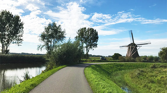 Radweg entlang der berühmten Windmühlen von Kinderdijk in den Niederlanden, UNESCO-Weltkulturerbe